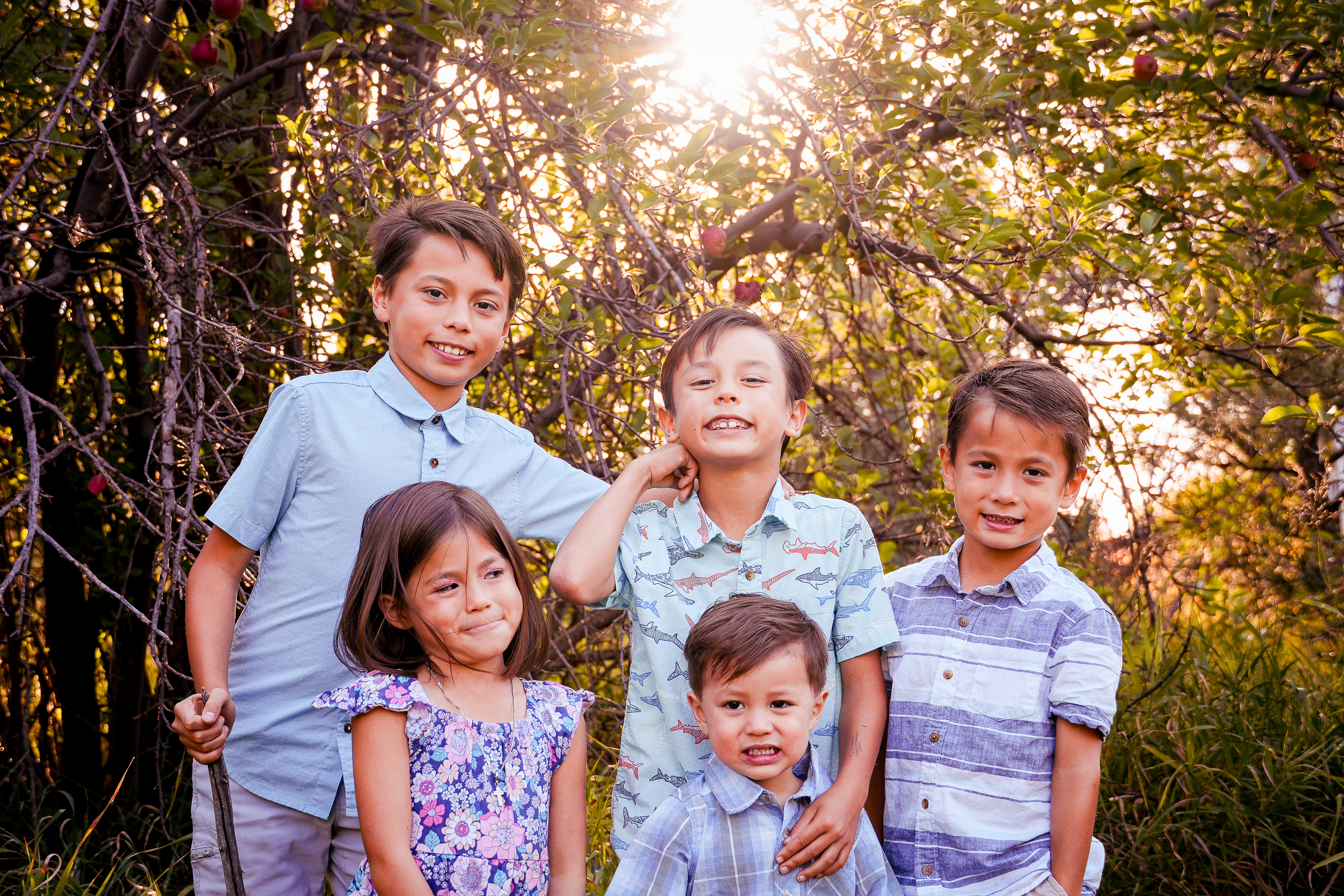 Five smiling children in a family photo session